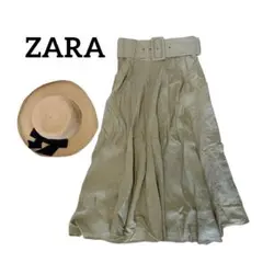 ZARA リネン混 ロングフレアスカート ベルト付き　カーキ　アンクル丈　春夏