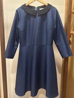 ネイビー 襟付き 長袖 フレアワンピース