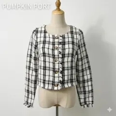 pumpkin port ツイードチェックジャケット フリンジ M ホワイトのサムネイル