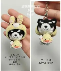 ❁*!様 かぶりものシリーズ黒柴④ふわふわイースターのうさぎ×黒柴 あみぐるみ