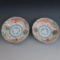 アンティーク 古伊万里 鳳凰桐文金襴手 輪花なます皿 二客 金彩 色絵 明治期