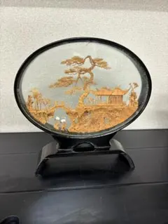 中国伝統工芸品 コルク細工 オブジェ 松 鶴 楼閣 長寿 縁起物 中国美術