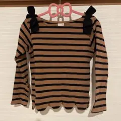 ストライプ 長袖カットソー 肩リボン付き