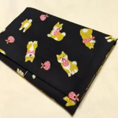 ハンドメイド　診察券も入る　お薬手帳ケース　アニマル柄　柴犬　風呂敷　ブラック