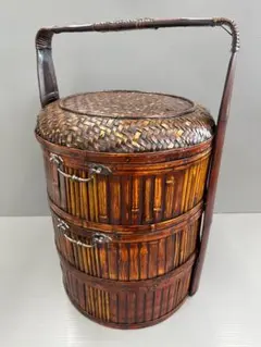 未使用 茶道具 竹製 アジロ 手持ち 堤藍 茶櫃蓋付 丸型 茶籠 野点籠 元箱 未使用 茶道具 竹製 アジロ 手持ち 堤藍 茶櫃蓋付 丸型 茶籠 野点籠 元