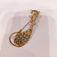 猫型ブローチ 金色 クリスタル装飾 レトロ ヴィンテージ