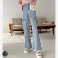 GRL 【gm694】 サイドスリットダメージデニムワイドパンツ ジーンズ L