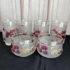 和風 花柄 コップ グラス 6点セット 金彩 梅の花 刻印あり レトロモダン