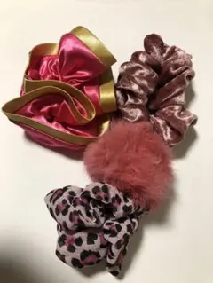 シュシュ 3個セット ピンク ヒョウ柄