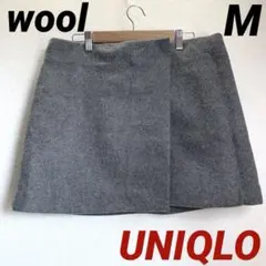 ユニクロ ウール　ラップミニスカート　台形　巻きスカート　グレー×ワイン　M