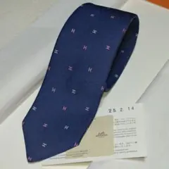 極美品■HERMES　ネクタイ　ファソネ　ネイビー×ピンク系　エルメス　H柄
