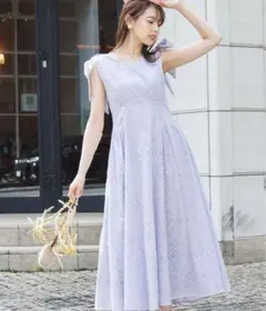 Noela ノエラ　肩リボン刺繍ワンピース　レース　ロング　ノースリーブ