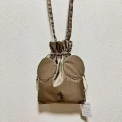 新品★ミッキーマウス耳付き巾着ショルダーバッグ★モカ茶ポシェット巾着袋ディズニー
