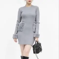 ファーポケットハイネックニットタイトミニワンピース