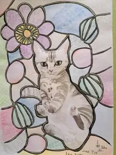 猫とクレマチス　ステンドグラス風水彩画 　原画