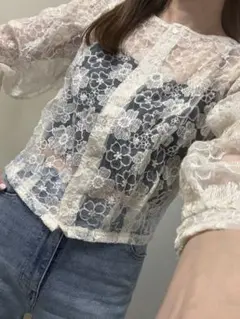 【美品】NICE CLAUP（ナイスクラップ） オーガン刺繍シアーブラウスのサムネイル