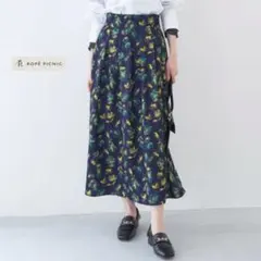 ［ROPE PICNIC］花柄タックスカート　ネイビー