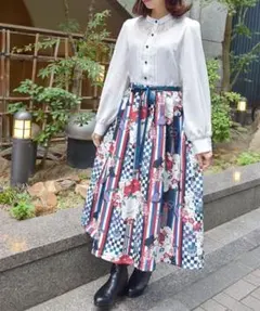 アクシーズファム　菊柄ロングワンピース　和柄　Aライン　ウエストリボン