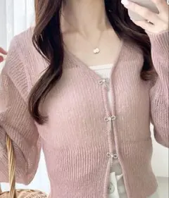 リブ編み ピンク Vネック カーディガン