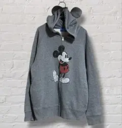 ディズニーリゾート公式 ミッキー 耳付き 裏起毛 パーカー グレー L