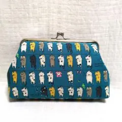 がま口ポーチ　メイクポーチ　ハンドメイド　洗濯にゃんこ　ねこ柄　ブルー系