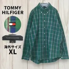 【トミーヒルフィガー 長袖ボタンダウンシャツ】 ロゴ刺繍 XL 緑 輸入古着