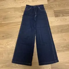 ダークブルー ハイウエスト ワイドレッグ デニム