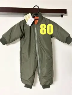 ジャンプスーツ ロンパース 防寒 ダウン アウター カーキ80サイズ フードなし