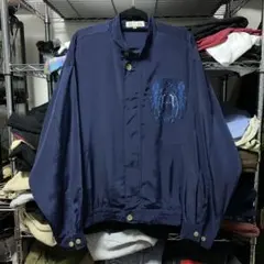 レトロ古着 ポリスイングトップ 刺繍 ネイビー スタンドカラー バンドカラー