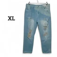 デニムジーンズ 【XL】 ライトブルー ダメージ加工