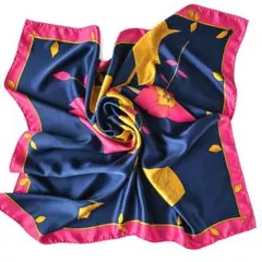 【スチーム除菌済】✨ シルク 大判スカーフ ネイビー×ピンク ボタニカル柄