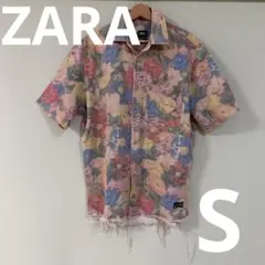 ZARA ボタンシャツ デニム風 花柄 ボタニカル 総柄 Sのサムネイル