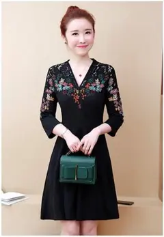 4L 新品 七分袖ワンピース 黒 大きいサイズ 刺繍 レディース Aライン 花柄