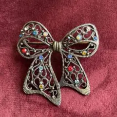 【24】リボンブローチ　真鍮色　カラフルカラーストーン　ヴィンテージ　レトロ感