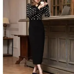 Darich ロングニットワンピース　ドッキングワンピース　ドット　ブラック