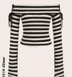 【shein】縞模様プリントオフショルダーレースアップサイドTシャツ