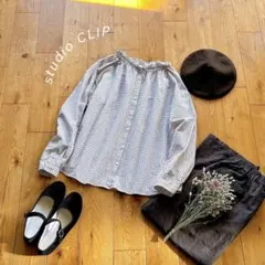 スタディオクリップ＊クロスチェック柄 フリル襟 長袖ブラウス 白 羽織りにも◎