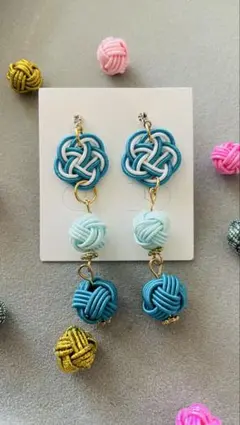 水引 ピアス 3連ボール ブルー系 ハンドメイド