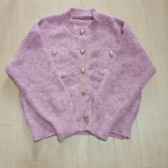 ピンク ニットカーディガン ボタン付き