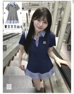 GRL 襟付プリーツニットミニワンピース ネイビー 紺　Mサイズ