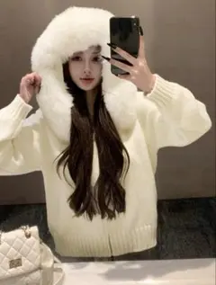 ウィメンズ ファーカラー付き フーデッド ニット カーディガンセーター