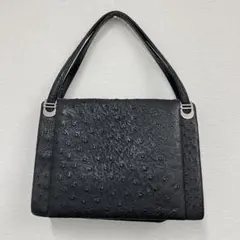 【H】希少✨オーストリッチ　ハンドバッグ　ブラック　レザー　黒