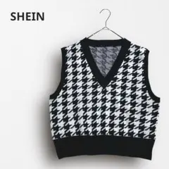 Y6806＊シーイン 千鳥格子ニットベストVネック 韓国風 重ね着 黒白 L