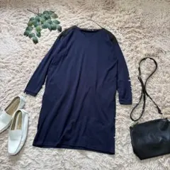7222✾ショコラフィネローブ✾ひざ丈ワンピース【M】ネイビー/スリットネック