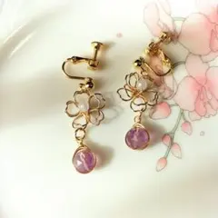 天然石アメジストのキラキラ☆ゴールドフラワーイヤリング＊*handmade*＊