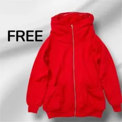 ジップアップパーカー 立ち襟デザイン 隠しフード付き レッド 赤 裏起毛