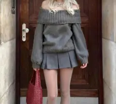 SHEIN オフショルダーリブニットセーター グレー