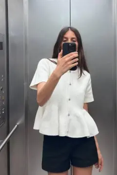 ZARA ペプラム 半袖 ニット ジャケット　カーディガン ホワイト