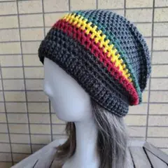 ラスタカラー＊ニット帽＊男女兼用＊チャコール