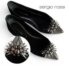セルジオロッシ 豪華ビジュー付 ポインテッドトゥ ローヒールパンプス黒